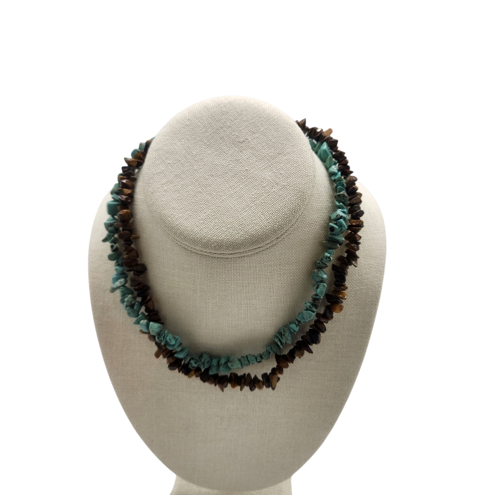 Vintage Turquoise and Tiger Eye Beaded Necklace Choker 14" Double Strand Nature